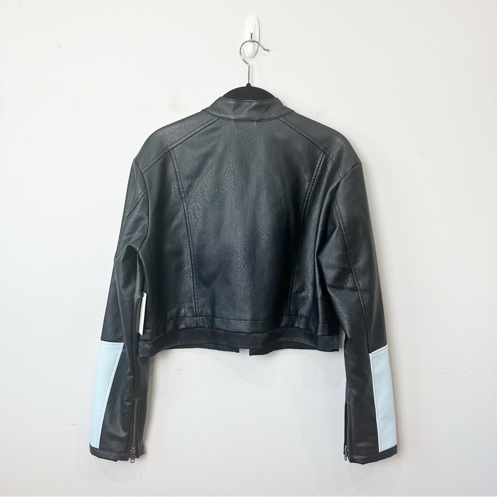 Anthropologie Maeve Cropped Colorblock Bike Jacket Black White Vegan Leather - Picture 6 of 11